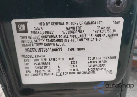 2003 Chevrolet Silverado 1500 Ls from USA, damaged, VIN 2GCEK19T931154511